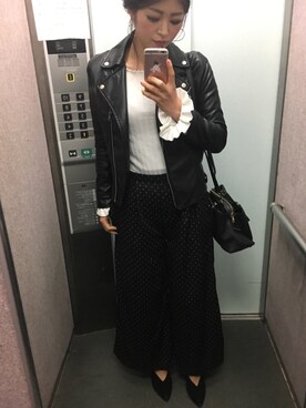 「select MOCA（セレクトモカ）のアイテム（ライダースジャケット）」を使った、tokoさん（レディース・161cm）の冬コーディネート