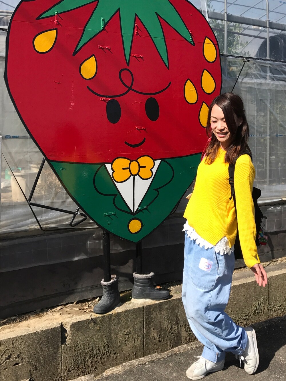 「春、キイロ、イチゴ狩り」｜「Techichiのアイテム（ニット/セーター、イエロー系）」を使った、٩꒰ ´ᆺ`꒱۶yuki❁さん（レディース・152cm）の春コーディネートの1枚目の写真
