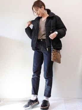 「ZOZO（ゾゾ）のスリムテーパードデニムパンツ［WOMEN］（デニムパンツ）」を使った、 𝕐𝕌𝕂𝕚さん（レディース・160cm）の冬コーディネート