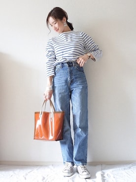 「ハイウエストストレートジーンズ」｜ 𝕐𝕌𝕂𝕚さん（レディース・160cm）の春コーディネート