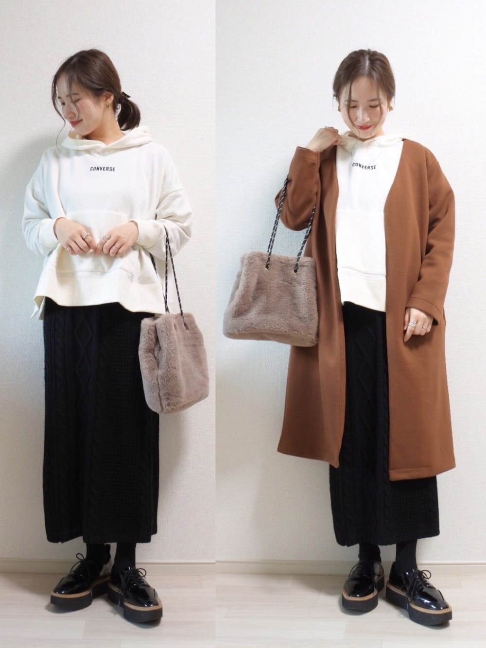 ホワイト系のパーカー、ベージュ系のバッグ、ブラック系のシューズを着用したレディースの冬コーディネートの1枚目の写真