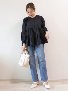 「ハイウエストストレートジーンズ」｜ 𝕐𝕌𝕂𝕚さん（レディース・160cm）の秋コーディネート