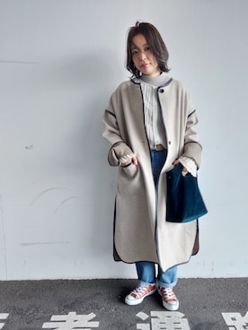 「Kastane」｜「アイテム（ノーカラーコート）」を使った、こなつさん（レディース・156cm）の冬コーディネート