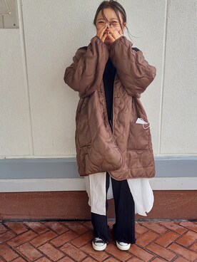 「シャツワンピ」｜「アイテム（ノーカラーコート）」を使った、こなつさん（レディース・156cm）の冬コーディネート
