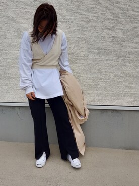 「仕事コーデ」｜「アイテム（ステンカラーコート）」を使った、こなつさん（レディース・156cm）の春コーディネート