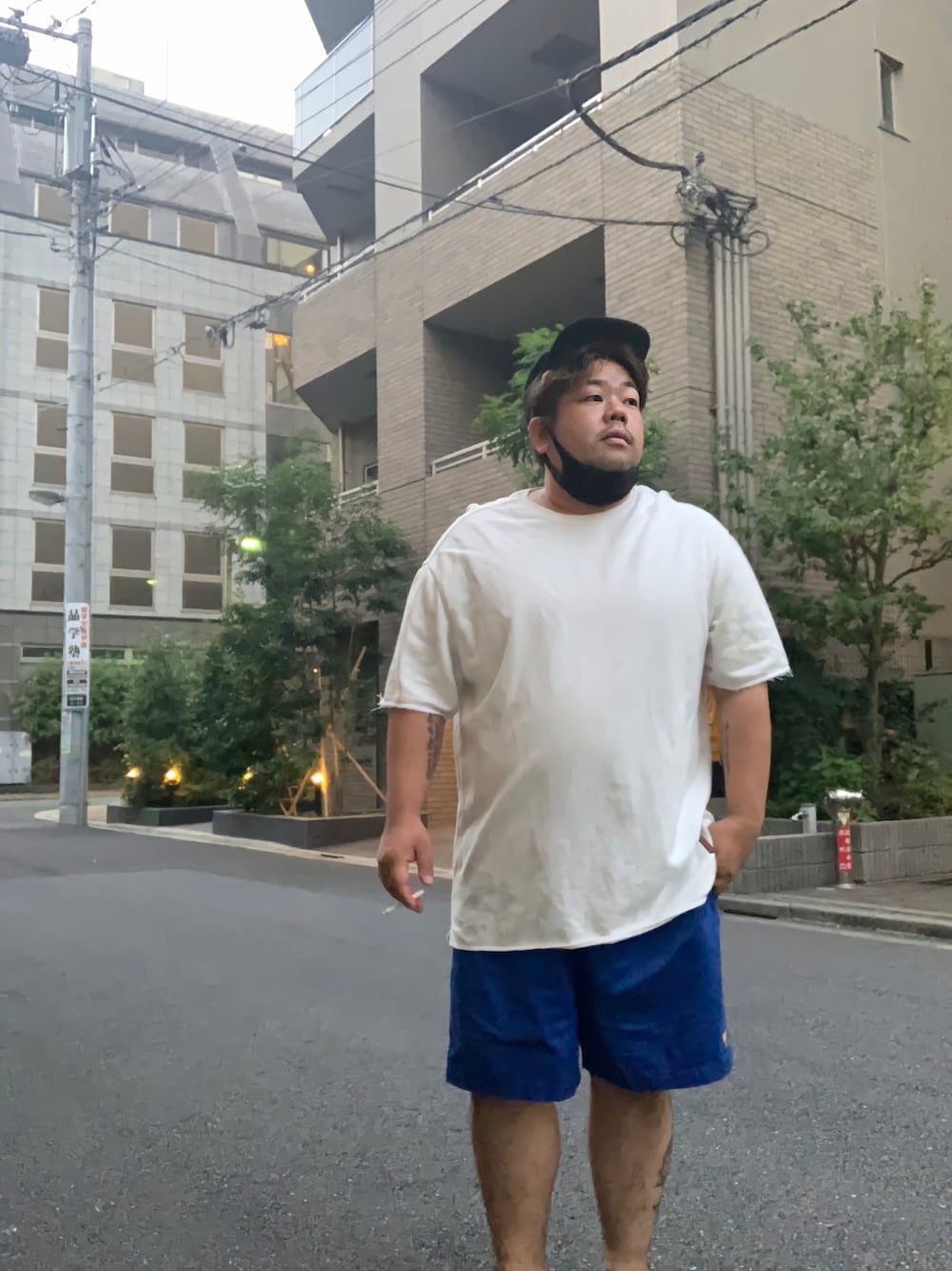 「おデブコーデ、MrBabe、bigmanproject」｜「Bershkaのアイテム（Tシャツ/カットソー、ホワイト系）」を使った、takashi10969さん（メンズ・170cm）の夏コーディネートの1枚目の写真