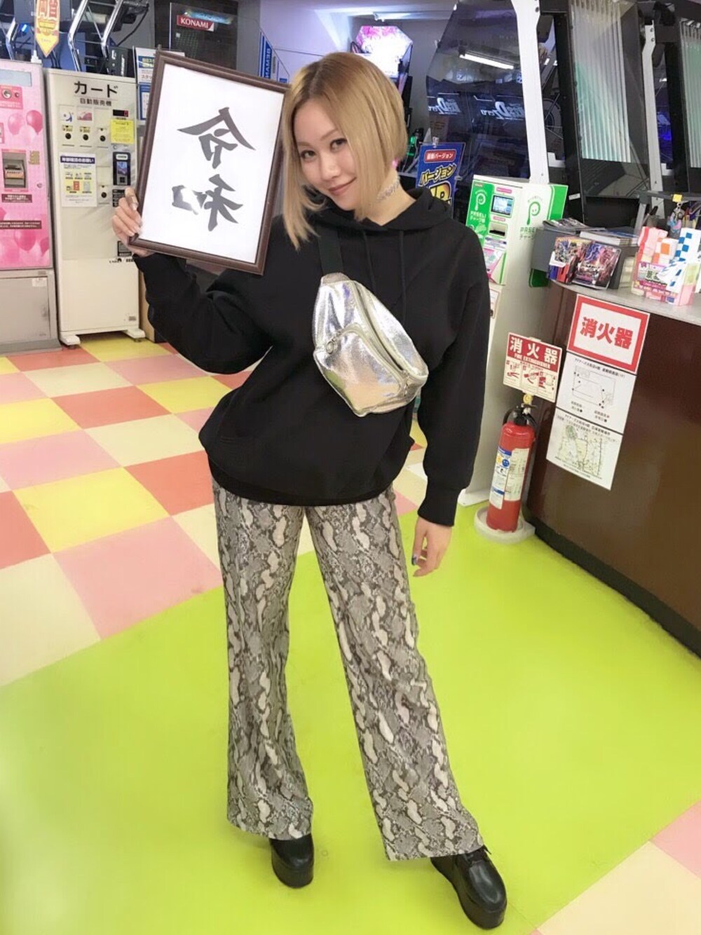 「パイソン柄パンツ」｜「H&Mのアイテム（パンツ、シルバー系）」を使った、気まぐれちゃんさん（レディース・160cm）の夏コーディネートの1枚目の写真