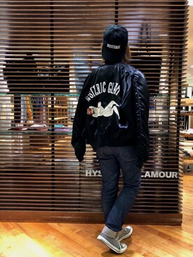 「HYSTERIC GLAMOUR（ヒステリックグラマー）のアイテム（スカジャン）」を使った、sakataさん（レディース・159cm）の秋コーディネート