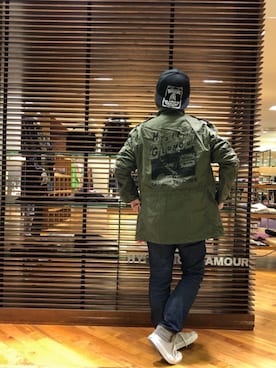 「HYSTERIC GLAMOUR（ヒステリックグラマー）のHYS WHISKY柄 刺繍キャップ（キャップ）」を使った、sakataさん（レディース・159cm）の秋コーディネート