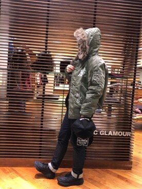 「HYSTERIC GLAMOUR（ヒステリックグラマー）のHYS WHISKY柄 刺繍キャップ（キャップ）」を使った、sakataさん（レディース・159cm）の冬コーディネート