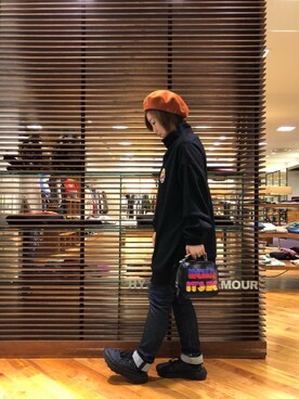 「コラボレーション」｜「アイテム（ハンチング/ベレー帽）」を使った、sakataさん（レディース・159cm）の冬コーディネート