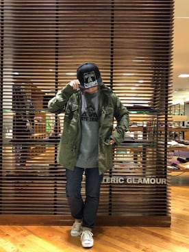 「HYSTERIC GLAMOUR（ヒステリックグラマー）のHYS WHISKY柄 刺繍キャップ（キャップ）」を使った、sakataさん（レディース・159cm）の冬コーディネート