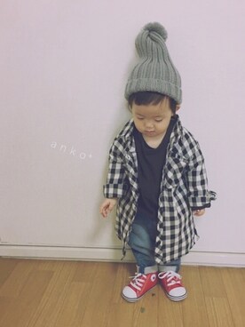 「西松屋（ニシマツヤ）のアイテム（シャツ/ブラウス、ブラック系）」を使った、ａｎｋｏ*さん（キッズ・80cm）の冬コーディネート