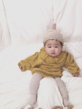 「Handmade（ハンドメイド）のアイテム（帽子、ベージュ系）」を使った、ａｎｋｏ*さん（キッズ・80cm）の春コーディネート