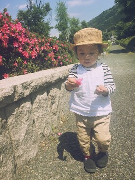 「Handmade（ハンドメイド）のアイテム（帽子、ベージュ系）」を使った、ａｎｋｏ*さん（キッズ・80cm）の春コーディネート