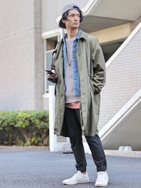 「Gジャン」｜「アイテム（ステンカラーコート）」を使った、KURE.さん（メンズ・174cm）の冬コーディネート