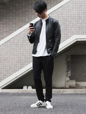 「JUNRED（ジュンレッド）のアイテム（ライダースジャケット）」を使った、KURE.さん（メンズ・174cm）の春コーディネート