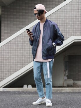 「JUNRED（ジュンレッド）のアイテム（MA-1）」を使った、KURE.さん（メンズ・174cm）の春コーディネート