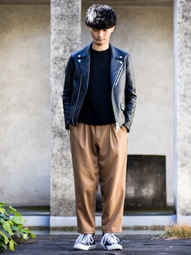 「JUNRED（ジュンレッド）のアイテム（ライダースジャケット）」を使った、KURE.さん（メンズ・174cm）の冬コーディネート