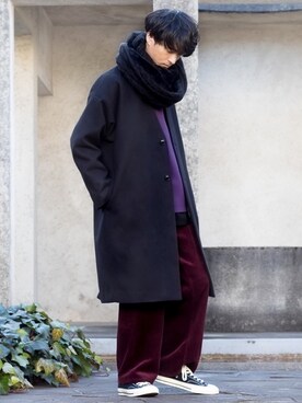 「JUNRED（ジュンレッド）の【こだわりのシルエット】ウォームクロスマキシコート（その他アウター）」を使った、KURE.さん（メンズ・174cm）の冬コーディネート