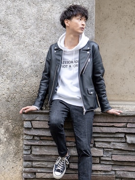 「JUNRED（ジュンレッド）のアイテム（ライダースジャケット）」を使った、KURE.さん（メンズ・174cm）の春コーディネート