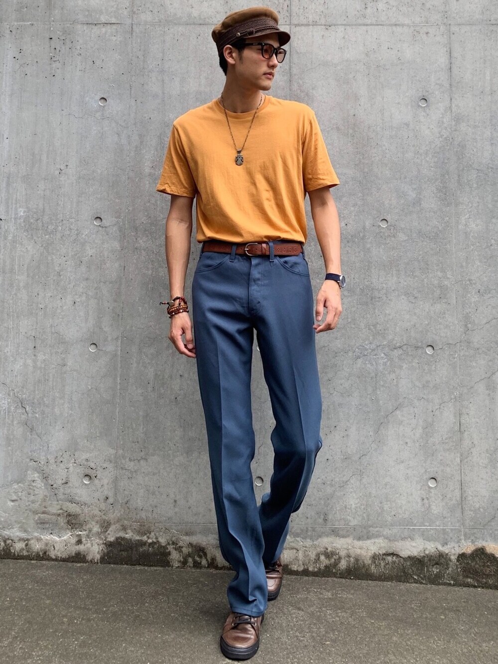 「夏だ！Tシャツ着よう！、マリンコーデ、スタプレ、フレアパンツ、タックイン、古着、ユニクロ、リーバイス、マリンキャップ、サングラス」｜「SABREのアイテム（サングラス、ブラック系）」を使った、taxinさん（メンズ・188cm）の夏コーディネートの1枚目の写真