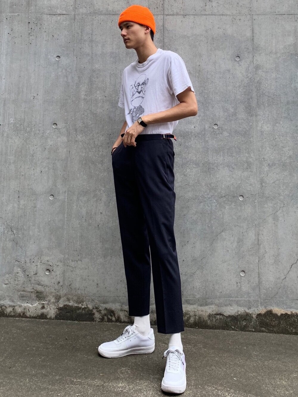 「ニットキャップ、Tシャツ、シンプル、オレンジ」｜「NOAHのアイテム（ニットキャップ/ビーニー、オレンジ系）」を使った、taxinさん（メンズ・188cm）の夏コーディネートの1枚目の写真