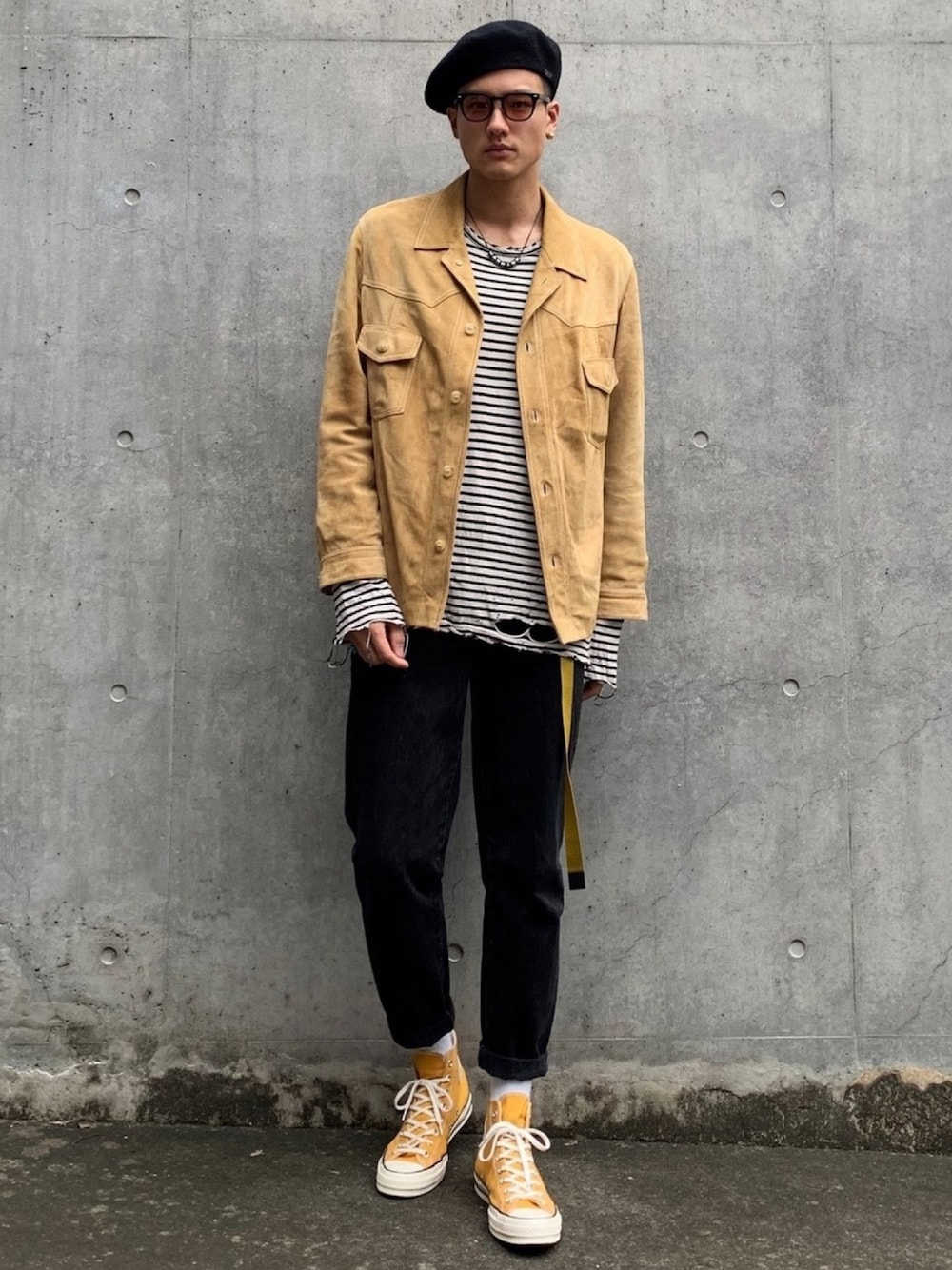 「秋コーデ、スエードジャケット、ボーダー、CT70s、カジュアル、古着」｜「KSUBIのksubi “SINISTER”ロングスリーブTシャツ（Tシャツ/カットソー、その他）」を使った、taxinさん（メンズ・187cm）の秋コーディネートの1枚目の写真