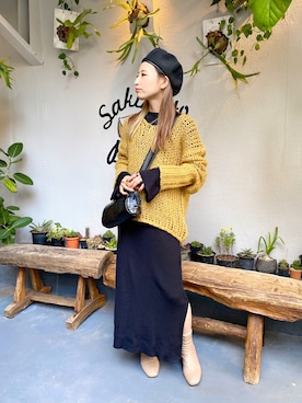 「ニットワンピース」｜「アイテム（イエロー系）」を使った、MiHOさん（レディース・150cm）の秋コーディネート