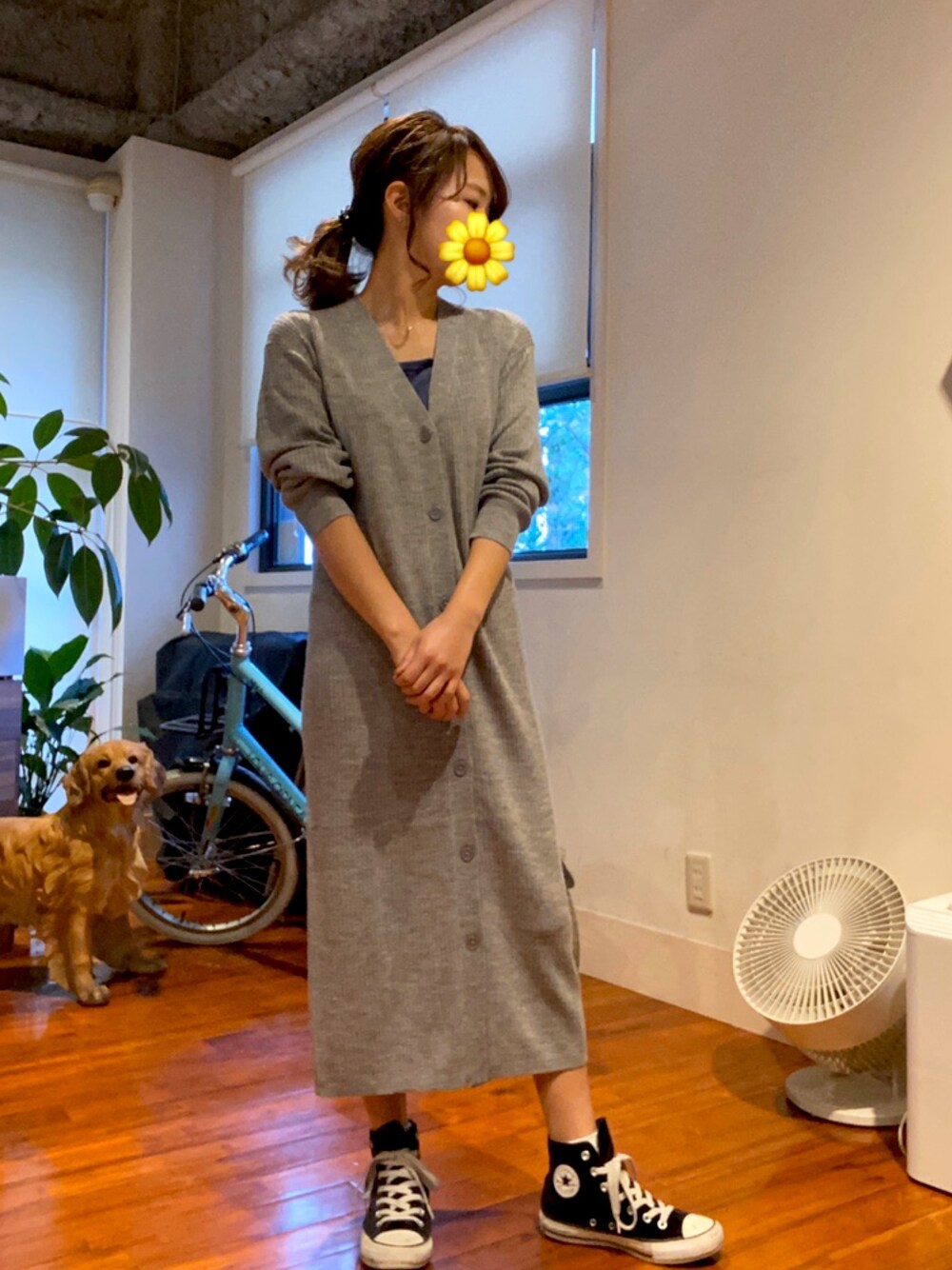 「シンプルコーデ、大人カジュアル、プチプラコーデ」｜「UNIQLOのメリノブレンドリブロングカーディガン（長袖）セットアップ可能（カーディガン/ボレロ、グレー系）」を使った、saaさん（レディース・155cm）の秋コーディネートの1枚目の写真