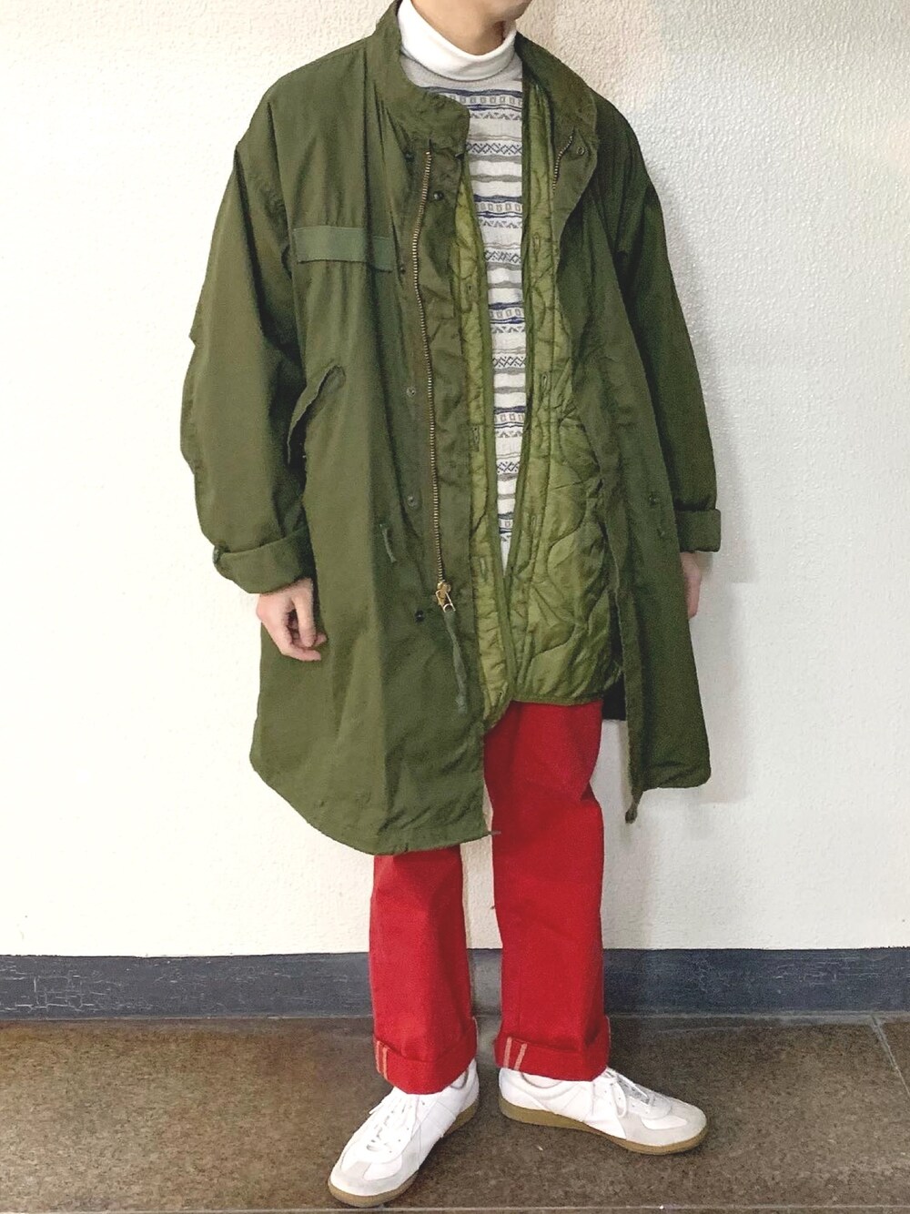 「M65、Ralph Lauren、3Dニット、GERMAN TRAINER、古着、軍物」｜「usedのアイテム（モッズコート、グリーン系）」を使った、ルイさん（メンズ・167cm）の冬コーディネートの1枚目の写真