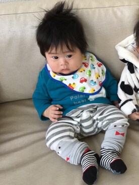 「アイテム（ロンパース、グリーン系）」を使った、tomoさん（キッズ・70cm）の冬コーディネート