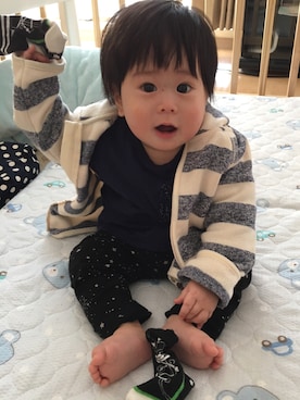 「Moujonjon（ムージョンジョン）のアイテム（ママ＆ベビー）」を使った、tomoさん（キッズ・70cm）の春コーディネート