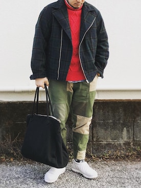 「アイテム（ライダースジャケット、グリーン系）」を使った、yoheiさん（メンズ・175cm）の秋コーディネート