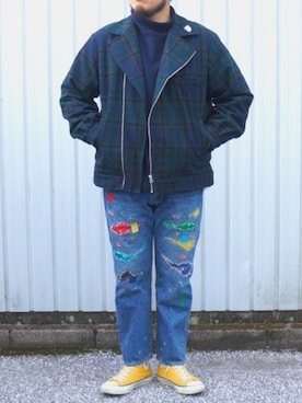 「アイテム（ライダースジャケット、グリーン系）」を使った、yoheiさん（メンズ・175cm）の冬コーディネート
