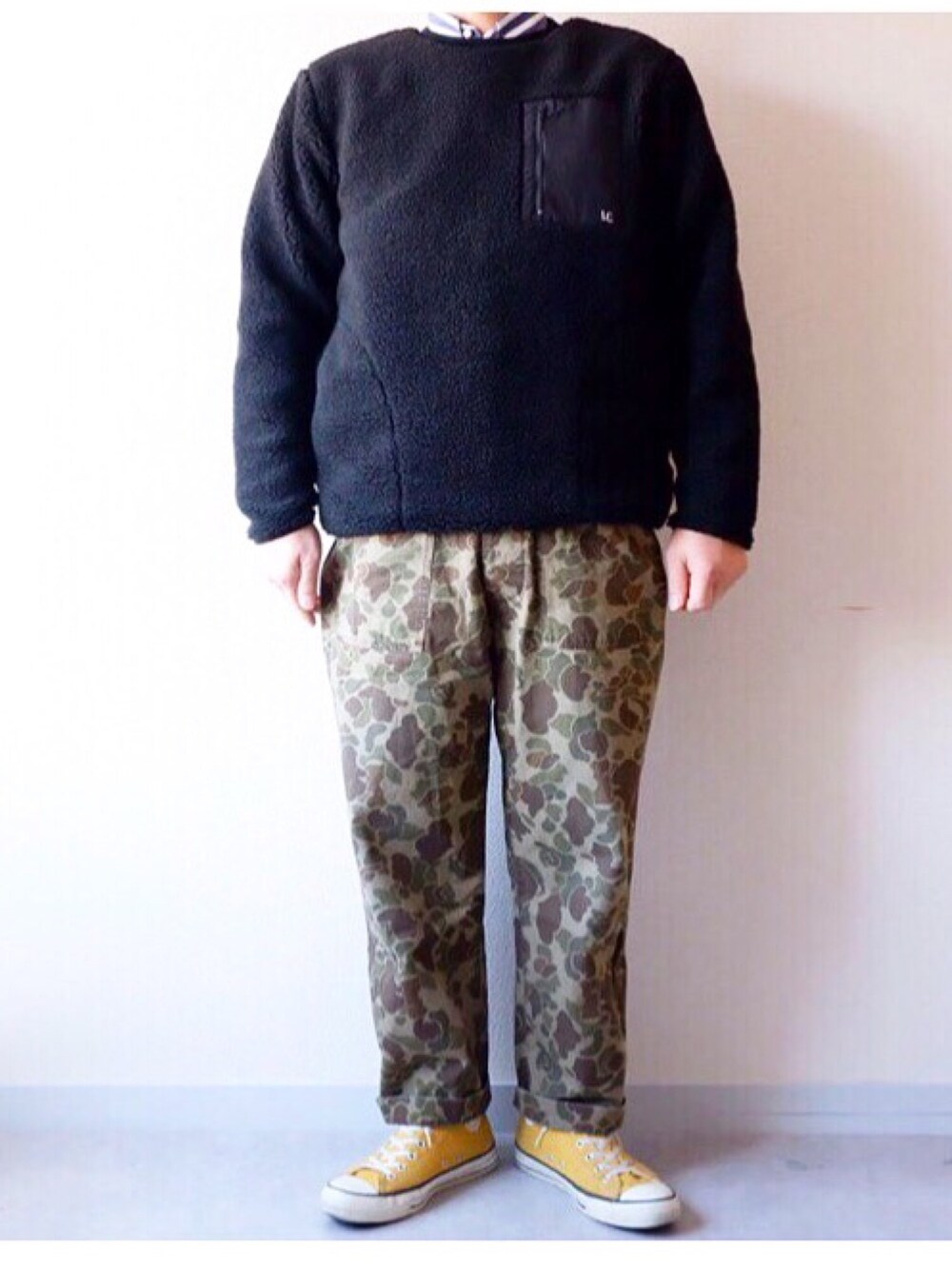 「今日のコーデ、今日の服、ボア、フリース、ブルーナボイン、冬コーデ、ストリートMIX、冬、カモフラ」｜「BRUNABOINNEのアイテム（その他パンツ、その他）」を使った、yoheiさん（メンズ・175cm）の秋コーディネートの1枚目の写真