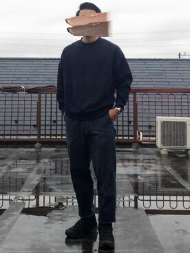 「koe（コエ）のピグメント裏毛クル-ネックトレーナー＊（スウェット、ブルー系）」を使った、身につけてなんぼさん（メンズ・170cm）の春コーディネート