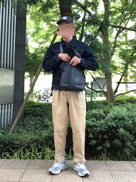 「NEW ERA（ニューエラ）の【NEW ERA】920 WC / 【ニューエラ】クロスストラップ　ウォッシュドコットン　キャップ　オーバーライド（キャップ、ブルー系）」を使った、身につけてなんぼさん（メンズ・170cm）の夏コーディネート