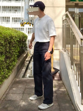 「NEW ERA（ニューエラ）の【NEW ERA】920 WC / 【ニューエラ】クロスストラップ　ウォッシュドコットン　キャップ　オーバーライド（キャップ、ブルー系）」を使った、身につけてなんぼさん（メンズ・170cm）の夏コーディネート