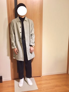 「ワイドスラックス」｜「アイテム（ステンカラーコート）」を使った、お気のdogさん（メンズ・176cm）の春コーディネート