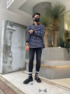 「#Re:room（リルーム）のラインペイントストレッチスキニーデニムパンツ（デニムパンツ）」を使った、ATSUSHIさん（メンズ・174cm）の秋コーディネート