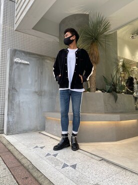 「#Re:room（リルーム）のラインペイントストレッチスキニーデニムパンツ（デニムパンツ）」を使った、ATSUSHIさん（メンズ・174cm）の秋コーディネート