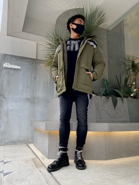 「#Re:room（リルーム）のラインペイントストレッチスキニーデニムパンツ（デニムパンツ）」を使った、ATSUSHIさん（メンズ・174cm）の秋コーディネート