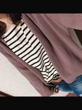 「Ungrid（アングリッド）のサイドスリットボーダーロングスリーブＴee（Tシャツ/カットソー、ホワイト系）」を使った、n a a a ❁さん（レディース・162cm）の冬コーディネート