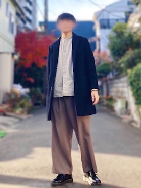 「Steven Alan」｜「アイテム（チェスターコート）」を使った、てんぱのさん（メンズ・168cm）の冬コーディネート