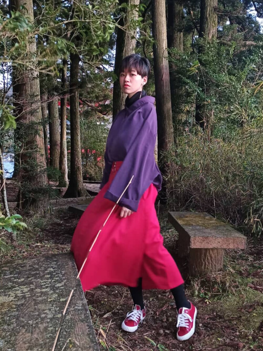 「thrifted、thrift、thrift shop、omotesando、Japan、layering、UNIQLO、shoopen、purple、red」｜「VINTAGEのアイテム（スカート、レッド系）」を使った、s4mp41さん（レディース・163cm）の夏コーディネートの1枚目の写真