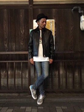 「hystericglamour」｜「アイテム（ライダースジャケット）」を使った、京都くんさん（メンズ・172cm）の秋コーディネート