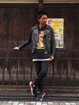 「hystericglamour」｜「アイテム（ライダースジャケット）」を使った、京都くんさん（メンズ・172cm）の秋コーディネート