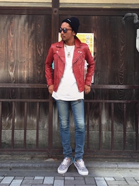 「hystericglamour」｜「アイテム（ライダースジャケット）」を使った、京都くんさん（メンズ・172cm）の秋コーディネート
