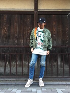 「HYSTERIC GLAMOUR（ヒステリックグラマー）のアイテム（MA-1）」を使った、京都くんさん（メンズ・172cm）の冬コーディネート